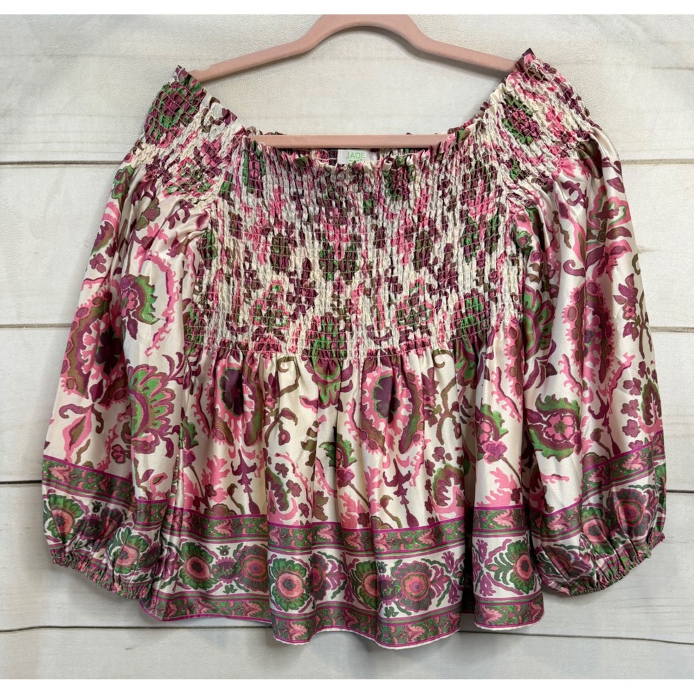 Jade by Melody Tam Women Floral Paisley Smocked Off Shoulder Blouse Pink Green L